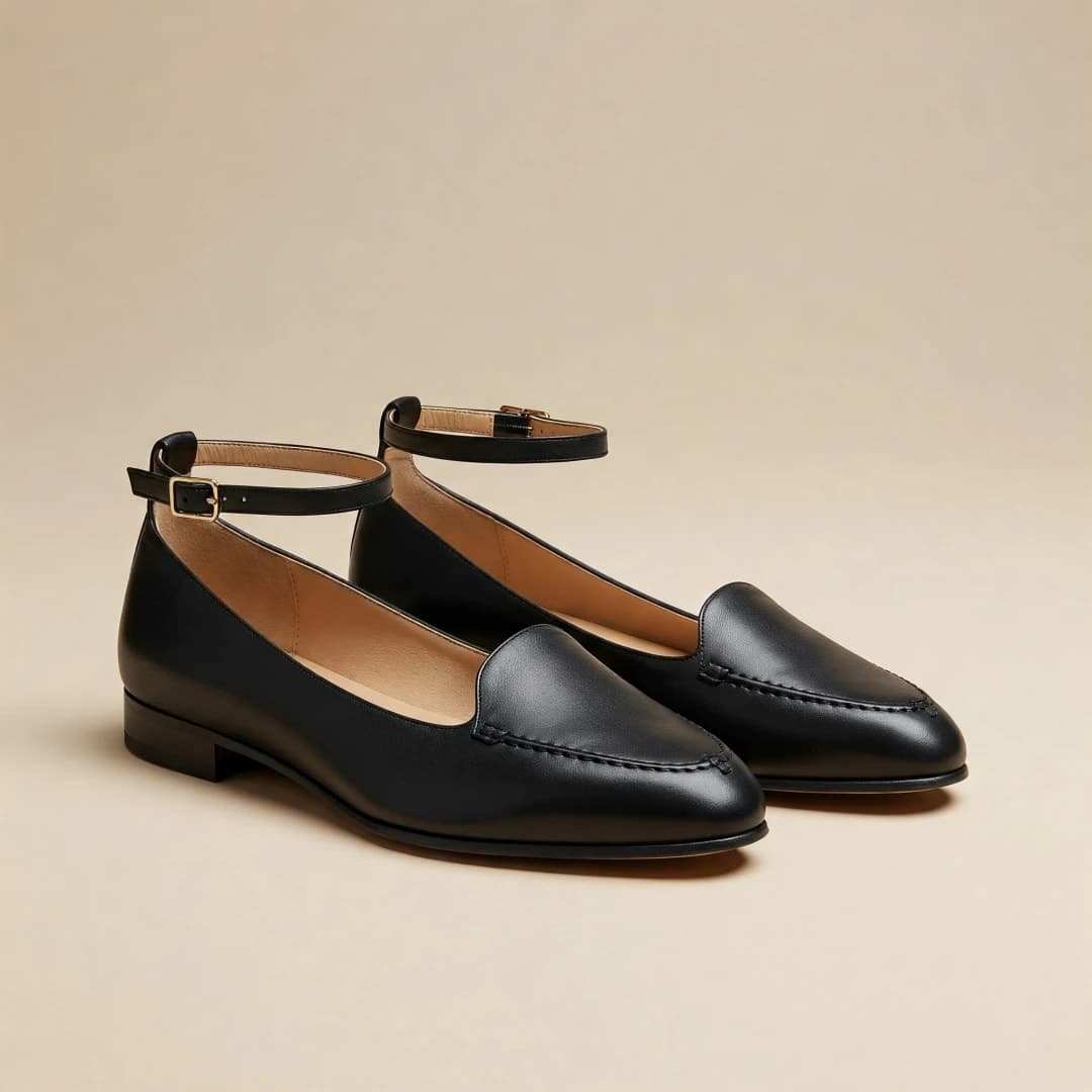 leather flat shoe with ankle strap
